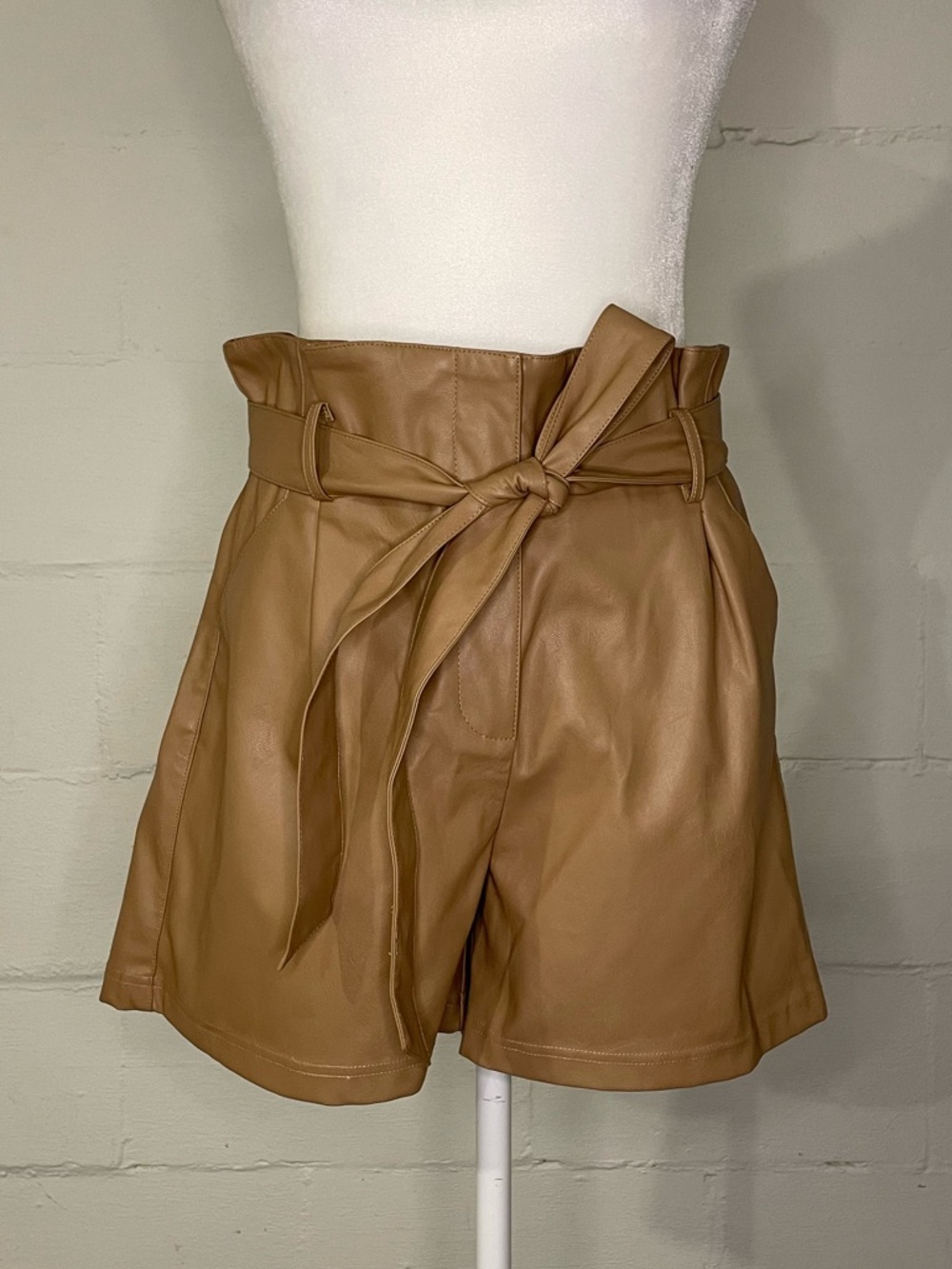 Lucy Paris High-Waist Paperbag Faux Leather Shorts - Tan